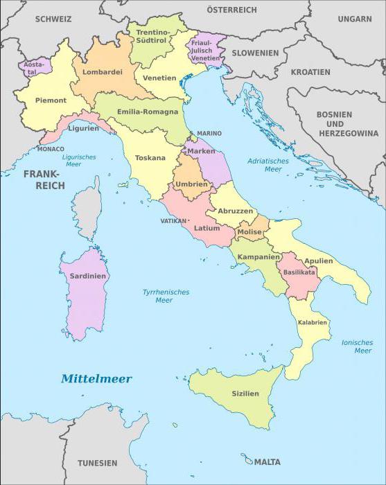 이탈리아 행정 구역 : 기능, 주요 지역에 대한 간략한 설명